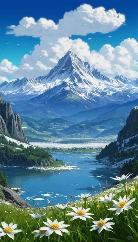 Create a breathtaking anime style landscape  featuring majestic mountains as the central focus, with snow-capped peaks towering in the background. The bright blue sky overhead is clear and expansive, with soft clouds lazily drifting by, enhancing the seren...