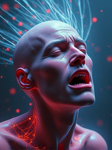 a surreal, abstract digital artwork of a person being killed by Wi-Fi waves, detailed facial features, cinematic lighting, dramatic atmosphere, psychedelic colors, glowing neon effects, intricate details, intricate patterns, highly detailed, 8k, photoreali...