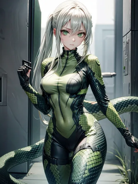 snake girl,snake tights, green,green eyes, snake eyes, white hair, expressionless