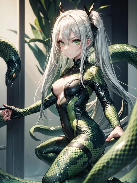 snake girl,Snake tights, green,green eyes, Snake Eyes, White hair, expressionless