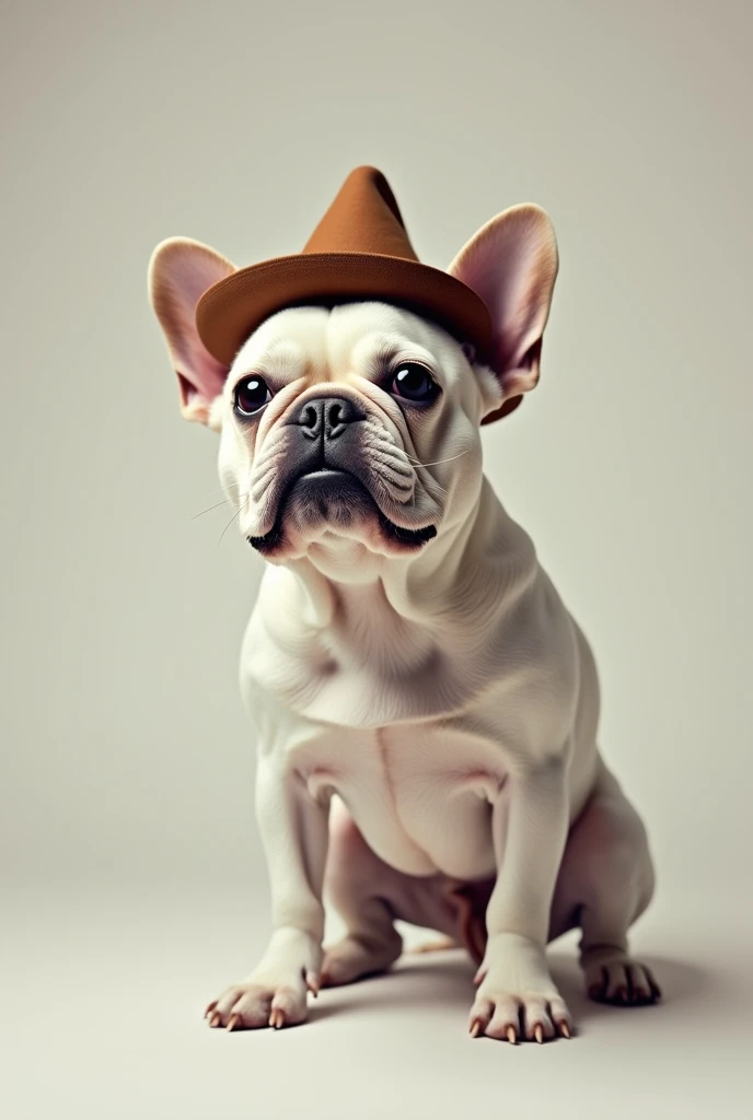 dog、White French Bulldog、Standing on two legs、Wearing a hat、Has a hammer