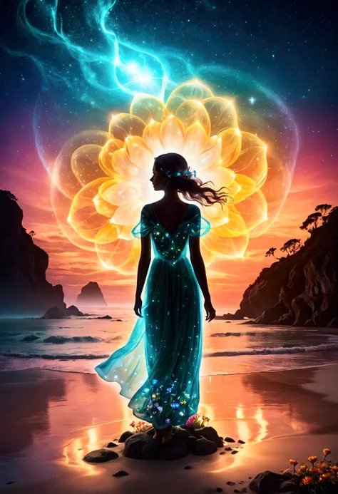 Bright theme, mystical glowing spiritual environment, celestial atmosphere, realistic, beautiful, aesthetic, lonely, beach, flowers, nature, (double exposure background through beautiful woman transparent silhouette figure), (glowing spiritual atmosphere, ...