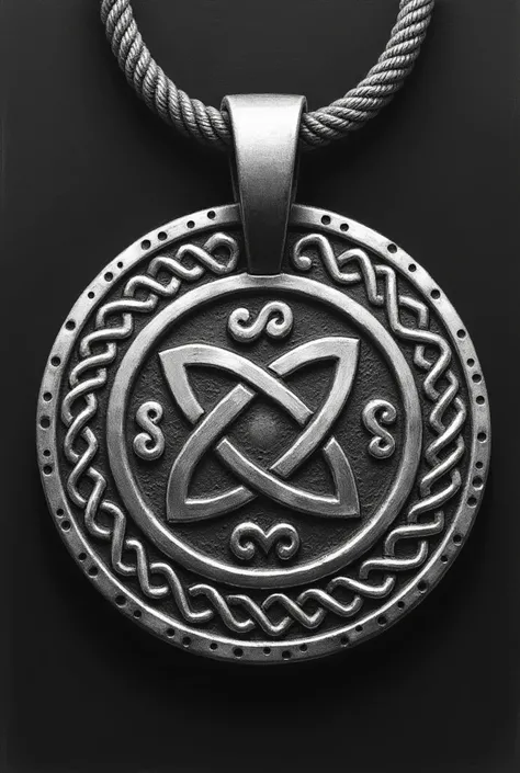 Circular silver pendant with a Celtic rune in the center of the circle whose meaning is “cursed” in Celtic translation art in realistic drawing 