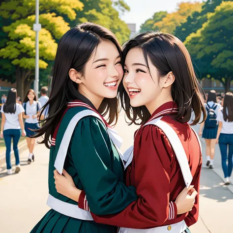 Back view of two high school girls laughing shoulder to shoulder.