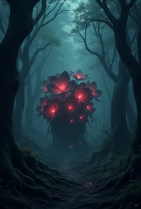 

"A dense, dark forest at twilight with towering, twisted trees and an eerie atmosphere. The ground is covered in thick, mossy undergrowth, and faint wisps of fog curl around the roots. In the center of the scene, a cluster of unnaturally large, ominous f...