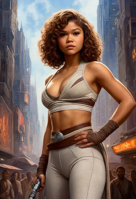 An illustrated movie poster, hand-drawn, full color, a teenage Jedi, 18-years-old, female, wearing a bralette and leggings, athletic hourglass figure, busty bosoms, full wide hips, massive round butt, long shapely legs, ridiculously thick powerful thighs, ...