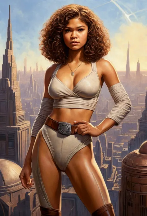 An illustrated movie poster, hand-drawn, full color, a teenage Jedi, 18-years-old, female, wearing a bralette and leggings, athletic hourglass figure, busty bosoms, full wide hips, massive round butt, long shapely legs, ridiculously thick powerful thighs, ...