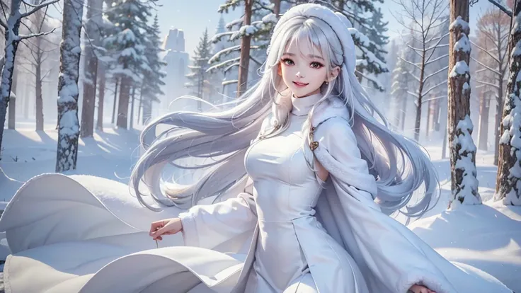 masterpiece、Highest quality、1 girl, winter, white hair, Cute girl, smile, close mouse, medium breasts, Turtleneck dress, white dress, winter clothes, Fur coat、Small waist、Thin legs、outdoors, snow falling, in the forest and 湖
