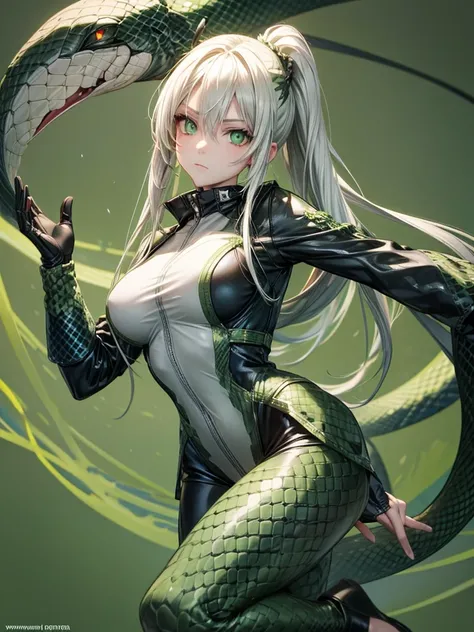 snake girl,Snake tights, green,green eyes, Snake Eyes, White hair, expressionless