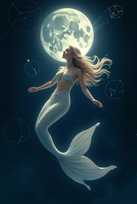 Lunar Mermaid, who swims in space, constellation and shooting star in the background, moonlit.