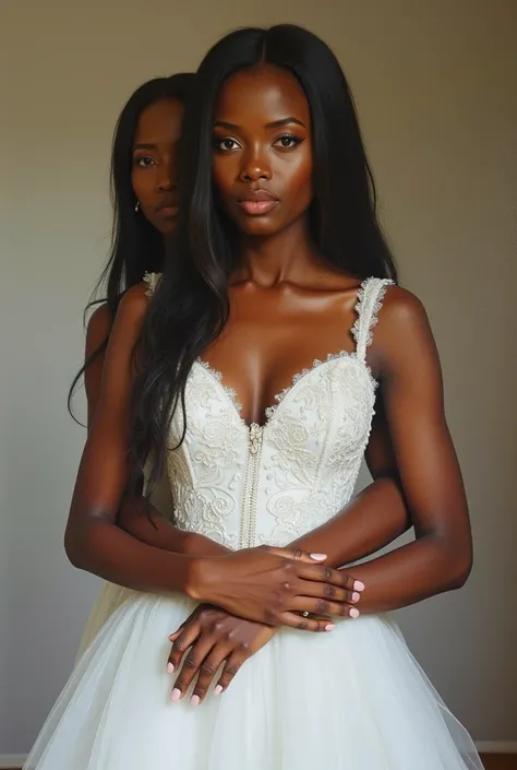 ( realistic paint) A beautiful  African woman, fair in complexion with a long straight 
hair on a big white wedding gown standing  admiring her wedding gown and looking sad 😔her mother hugging her from behind with a smile 