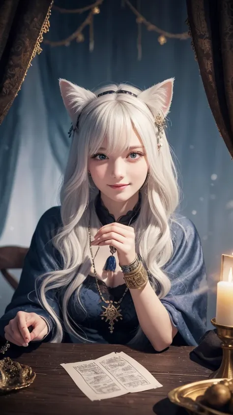 
(masterpiece, highest quality, highest quality, official art, beautiful and aesthetic: 1.2), (one girl: 1.3), wavy long hair, white hair, Cat ears on the head,highly detailed portrait, highly detailed hands, looking at the viewer, alone, (whole body: 0.6)...