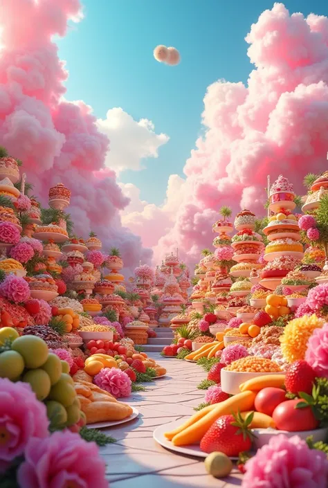 A screen full of food、Cuisine from around the world、Fruits from around the world、Clouds are cotton candy、No people、Real Stick、High resolution、High definition、8k、Satellite Imagery