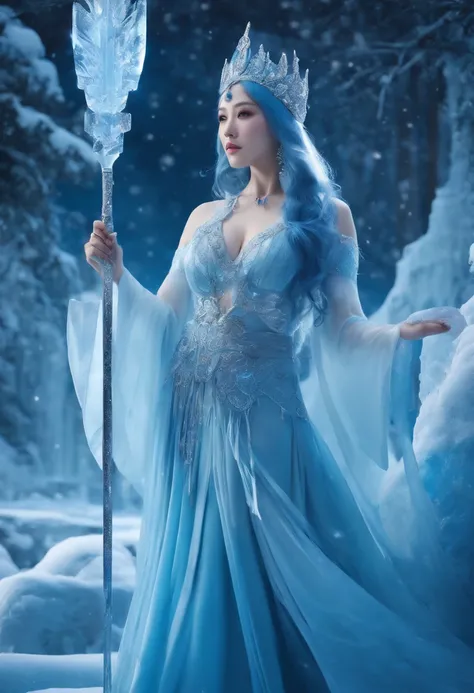 best quality,masterpiece,Ultra-high resolution,photoactual:4：0,In front of the Ice Crystal Palace,An ice goddess,Head style,Long flowing blue hair,Big breasts,Wearing a blue and white Japanese miko costume,Holding an ice crystal staff