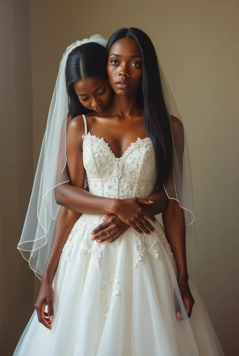 ( realistic paint) A beautiful  African woman, fair in complexion with a long straight 
hair on a big white wedding gown standing  admiring her wedding gown and looking sad 😔her mother hugging her from behind with a smile 