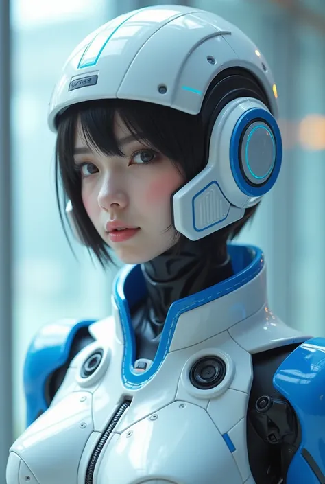 professional camera angle,a close up of a woman in a white and blue suit, perfect android girl, perfect anime cyborg woman, cute cyborg girl, beutiful girl cyborg, cyborg - girl, gynoid cyborg body, cyborg girl, japanese cyborg, beutiful white girl cyborg,...