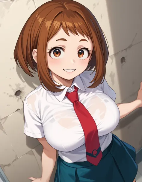 score_7_up, score_6_up, best quality, anime screencap, 1girl, ochako uraraka, brown eyes, brown hair, short hair, large breasts,...