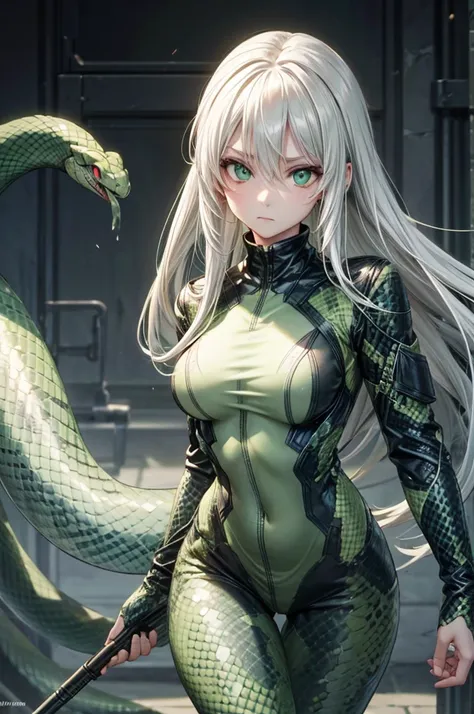 snake girl,snake tights, green,green eyes, snake eyes, white hair, expressionless