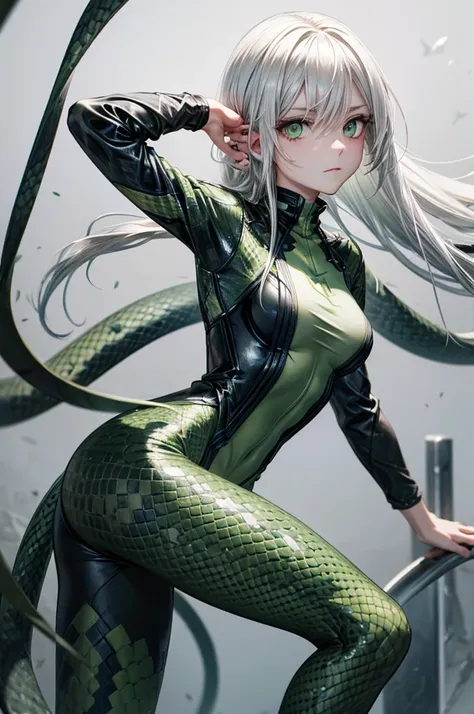 snake girl,snake tights, green,green eyes, snake eyes, white hair, expressionless