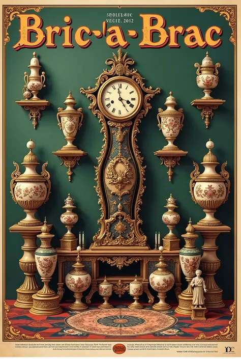 Affiche publicitaire rétro (titré : Bric-à-brac) Représentant des objets dAntan. On peut apercevoir de magnifiques objets anciens et de grande valeur. Une horloge de Toscano, Des statuettes, des vases, des dés à coudre rarissime, des pendules. Chef doeuvre...