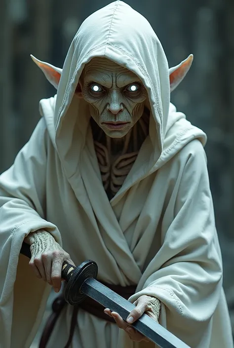 Mummified elf wearing a white hooded robe with ears spilling out, He wields a katana and in place of his eyes are two small, discreet, luminous white orbs.. Your skin is wrinkled and your belly muscles that also appear are very thin..