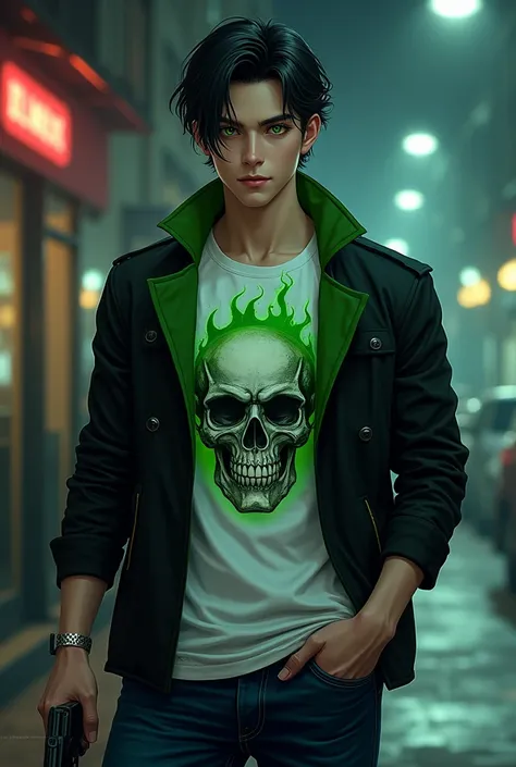 A 1 anime fantasy handsome guy with flashy green eyes , a pistol in his right hand , a black fit jacket with green lined on it and a white t-shirt with a picture of skull burning in green flames in the middle of that . black neat hair and a devilish little...