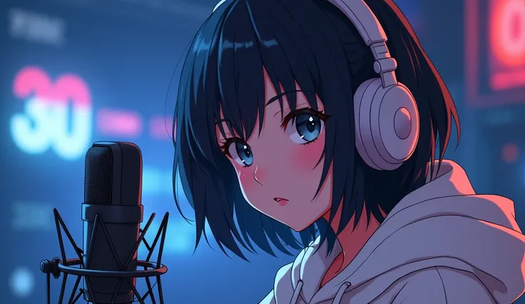 ((Masterpiece)), (((Best Quality)))), ((Illustration)),Create an anime-friendly looking female character with headphones who appears handsome and smart.with headphones , SHe has a good face and is wearing a hoodie. The character is sitting behind microphon...