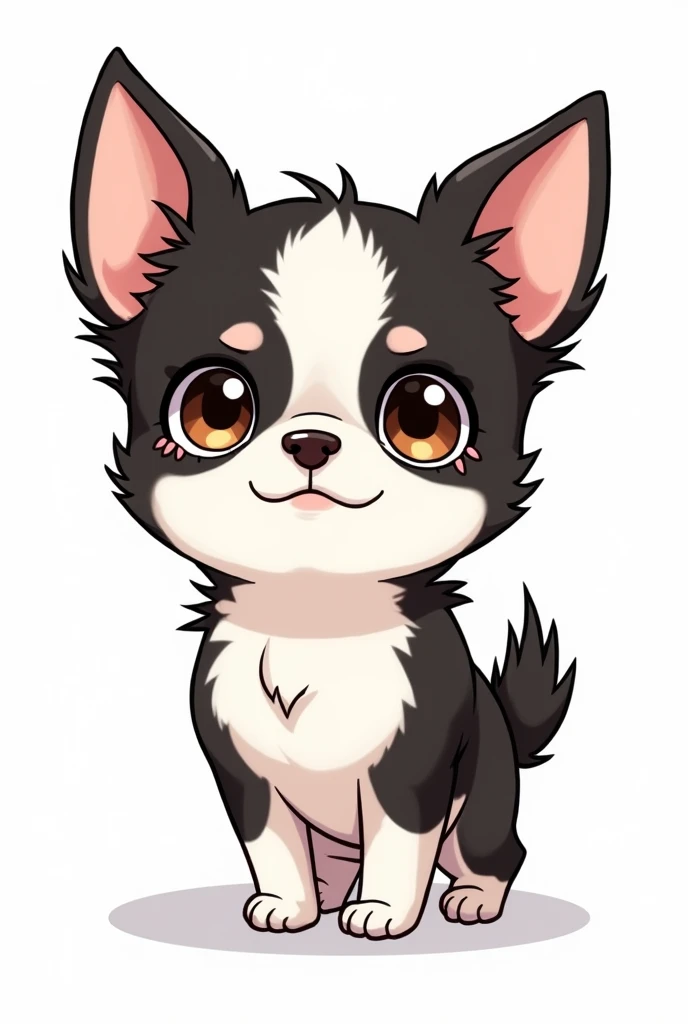 Chihuahua, black and white face, white body, black sides of belly, black butt, fluffy ears, brown eyebrows, sparkling eyes, manga style, LINE stamp style, two short legs, hungry and sad face, transparent background