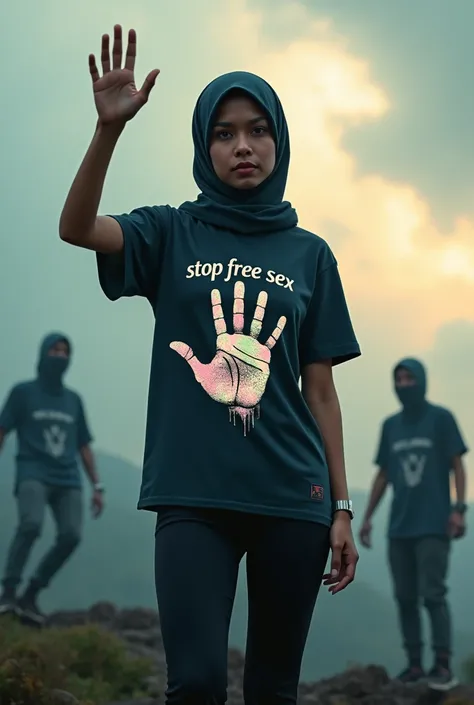 A hijaber indonesian pretty woman, wearing a  tshirt long leging with a strong vector design featuring a silhouetted image of a five-fingered palm in pastel colour with love and light. The phrase "STOP FREE SEX" is displayed in bold simple elegand, distres...