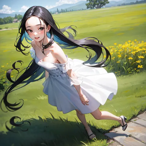 masterpiece, best quality, ultra-detailed,hyperrealistic,shiny skin,1girl,forehead,(plain forehead)+,black hair,long hair,black eyes,,(white dress,off shoulder summer dress)+,small breasts,dynamic angle,blowing in the wind,walking in the meadow,smile,fullb...