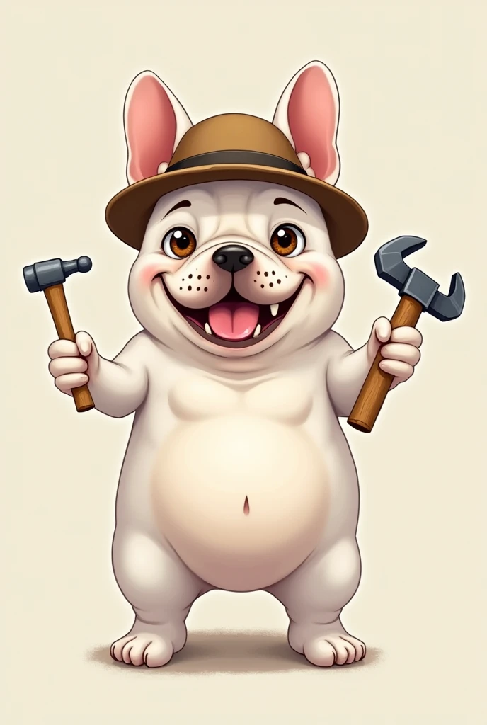 dog、White French Bulldog、Standing on two legs、Wearing a hat、holding a hammer in one hand、Standing posture、人間のようなStanding posture、Has a wrench in the shape、Anime Style、Staring at me、Looking at the camera、smile、The bottom is sticking out、cutesmile、cute