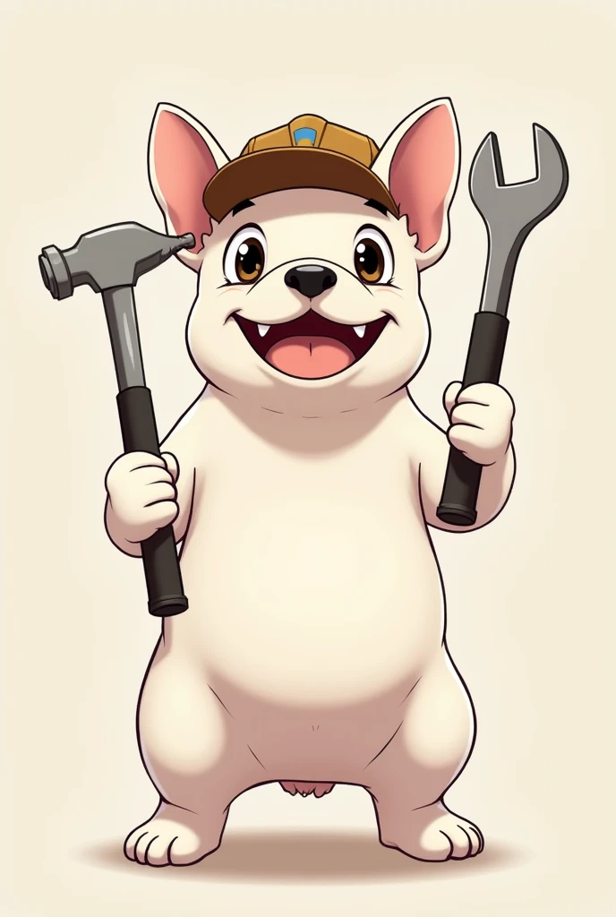 dog、White French Bulldog、Standing on two legs、Wearing a hat、holding a hammer in one hand、Standing posture、人間のようなStanding posture、Has a wrench in the shape、Anime Style、Staring at me、Looking at the camera、smile、The bottom is sticking out、cutesmile、cute