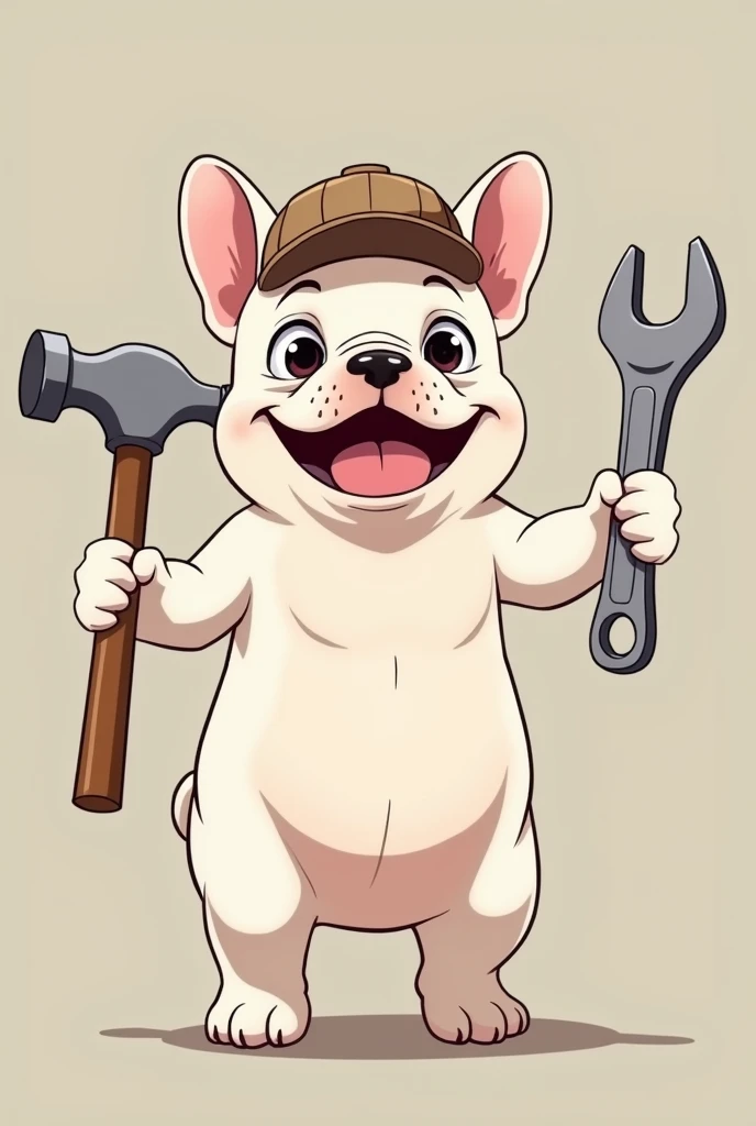 dog、White French Bulldog、Standing on two legs、Wearing a hat、holding a hammer in one hand、Standing posture、人間のようなStanding posture、Has a wrench in the shape、Anime Style、Staring at me、Looking at the camera、smile、The bottom is sticking out、cutesmile、cute