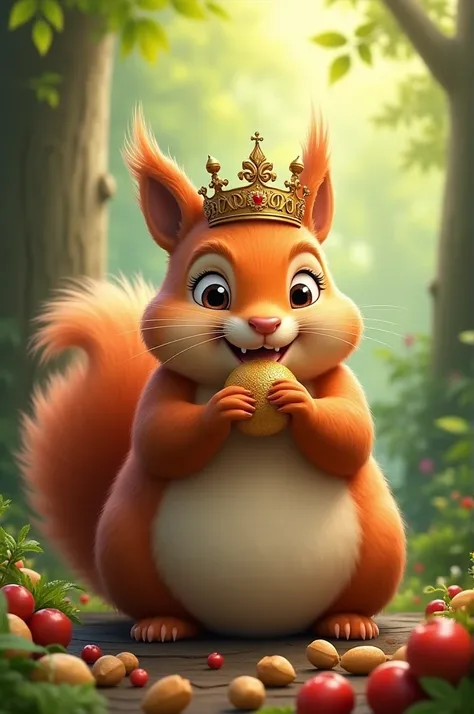 Fat squirrel eating and wearing a crown with King Kloppi written on it