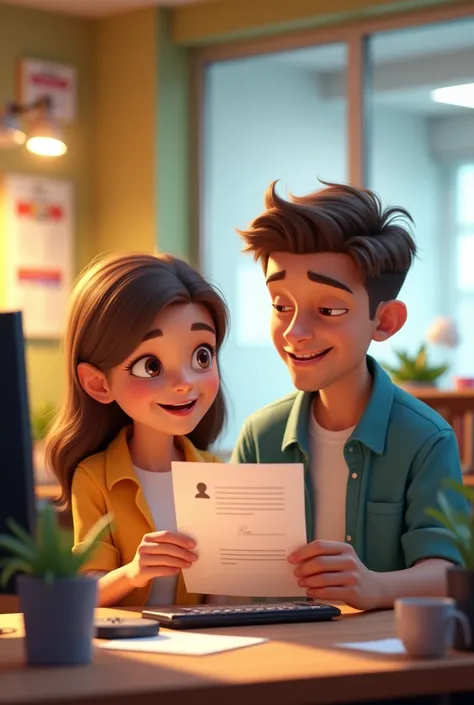 light brown haired girl issuing a digital certificate using a computer with a male client on a disney pixar style office background