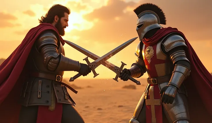 "A highly realistic, high-contrast, 8K HD, detailed, hyper-detailed image of a tense battle scene between the Crusader protagonist and the Lion-Emblazoned General. The Crusader, with his steel armor bearing a prominent red cross, has a stern expression, hi...