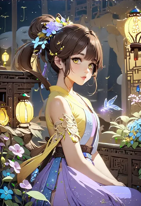 ((best quality)), ((Masterpiece)), (details), 1 girl, , brown hair, yellow eyes, ((ponytail)),  cute, Sparkly eyes, Tanned skin ,Hanfu, ancient chinese dress, Masterpiece, detailsสูง, Cute atmosphere, flower, Cowboy shot, Within the palace, hair accessorie...