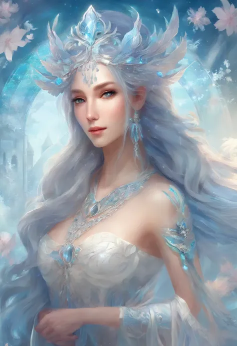 best quality,masterpiece,Ultra-high resolution,photoactual:4：0,In front of the Ice Crystal Palace,An ice goddess,Head style,Long flowing blue hair,Big breasts,Wearing a blue and white Japanese miko costume,Holding an ice crystal staff