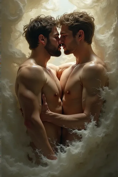 Naked men kissing while thick  falls on them 