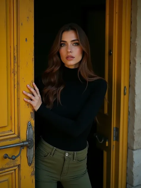 Black background. Closeup of a beautiful Lebanese woman with long brown hair. She wears a black turtleneck, and a pair of olive green skinny jeans. She opens a yellow wooden door outwards.