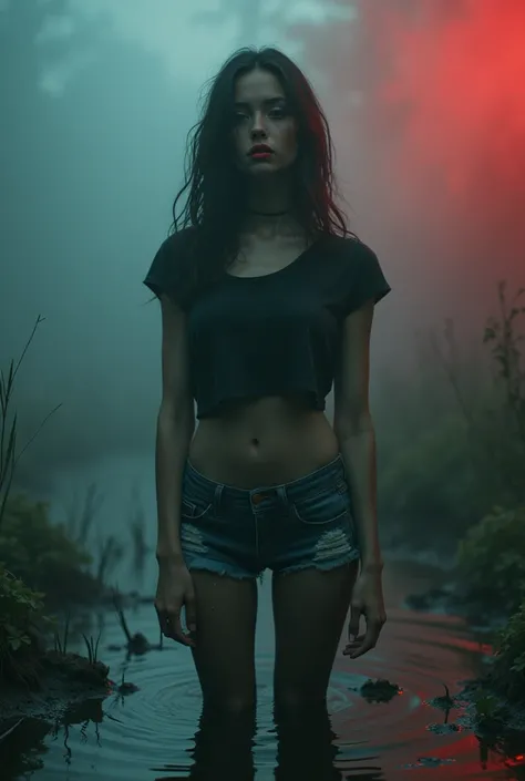 [Core Concept] A striking, surreal portrait of a young woman trapped in a mystical, otherworldly bog, enveloped in a hazy, chromatic atmosphere. [Character Description] A beautiful, enigmatic girl clad in a provocative ensemble of shiny black rubber stocki...