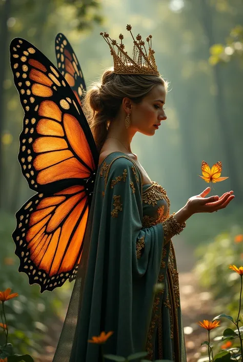 Woman in butterfly costume， Goddess of butterflies, The Queen of Change, Beautiful butterfly wings，Fantasy movie stills, Fantasy movie stills, Beautiful fantasy queen, out a hand，