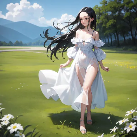 masterpiece, best quality, ultra-detailed,hyperrealistic,shiny skin,1girl,forehead,(plain forehead)+,black hair,long hair,black eyes,,(white dress,off shoulder summer dress)+,small breasts,dynamic angle,blowing in the wind,walking in the meadow,smile,fullb...