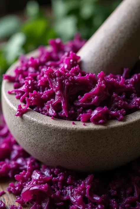 Red cabbage crushed in a mortar