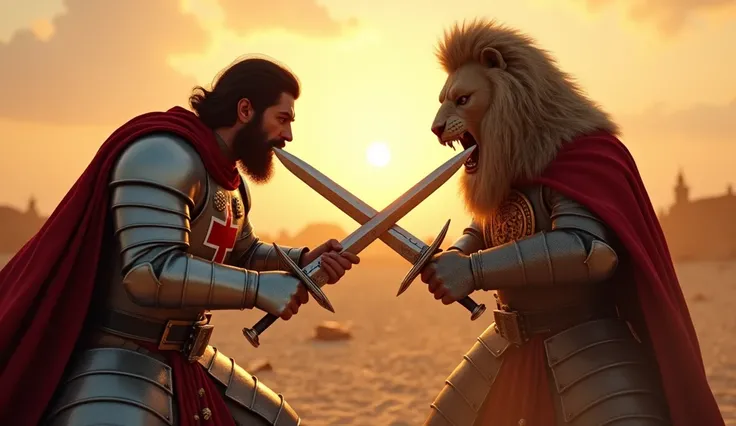 "A highly realistic, high-contrast, 8K HD, detailed, hyper-detailed image of a tense battle scene between the Crusader protagonist and the Lion-Emblazoned General. The Crusader, with his steel armor bearing a prominent red cross, has a stern expression, hi...