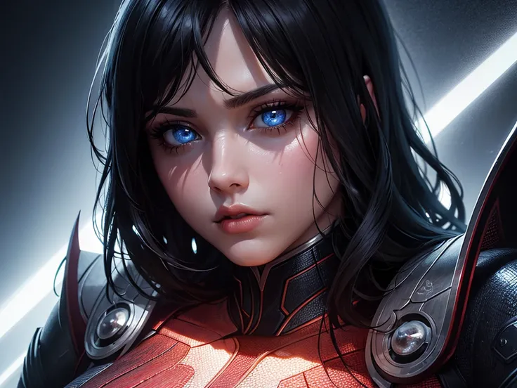 a poster for a marvel film, a girl with beautiful detailed eyes and lips, extremely detailed portrait, photorealistic, 1girl, dramatic lighting, superhero, abstract background, dynamic pose, high contrast, vibrant colors, cinematic composition, hyperrealis...