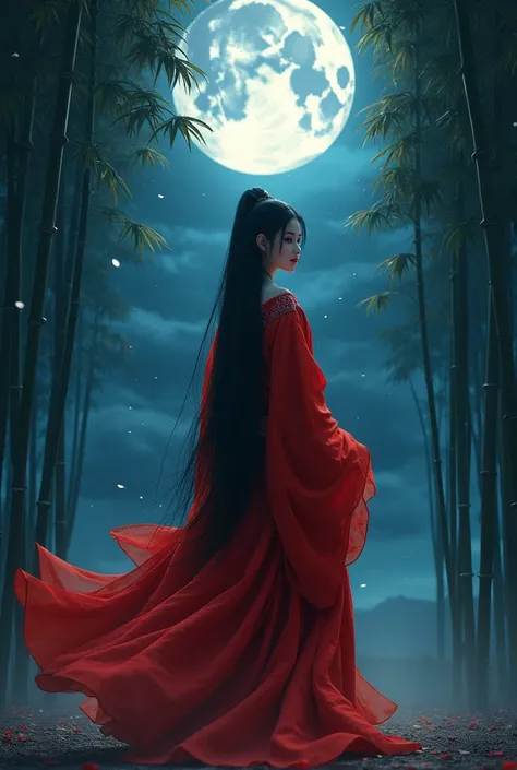 Princess Kaguya, front,redい唇,Beautiful looks,(heian red:1.1) kimono,kimono, Wide sleeves, red (karaginumo:1.1), layered kimono, One person, alone, Black Hair (Hime cut:1.2) Very long hair spread out, (Are standing, From behind), beautifully, beautiful, Wid...