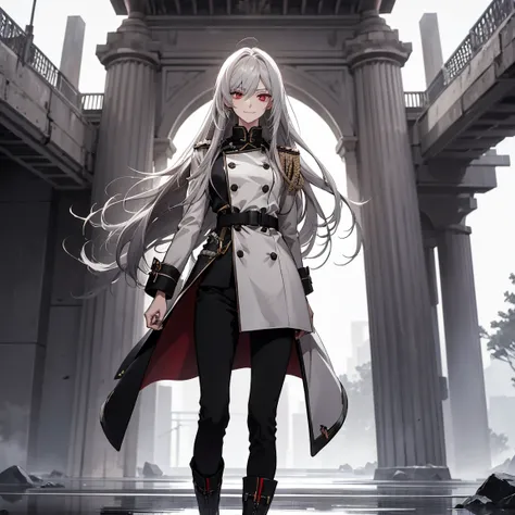 (Confused, High resolution, Very detailed), 1 female, Silver Hair,Long Hair,Bright red eyes,White and black military uniform,24th generation,beauty,mature,thin,quiet,Calm,A small smile,A kind smile,In front of people you like,Long coat,Slender and thin,boo...