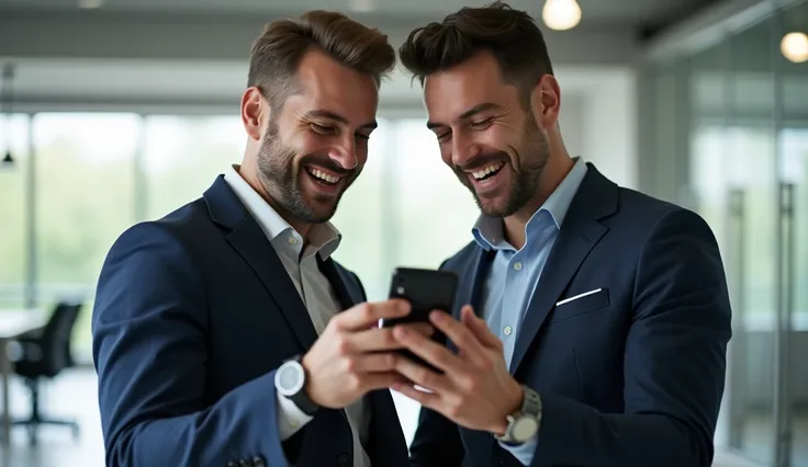 Two businessmen in formal wear, Grinning, Using the cellphone