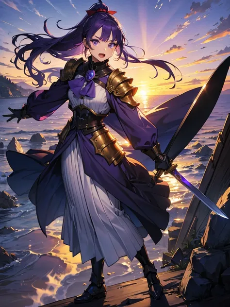 Dressed as a man、masterpiece,Highest quality,One person,Costume 1,,sunrise,dawn,holding flag,Open your mouth,sword,Purple Hair,Purple Eyes,ponytail、Armored